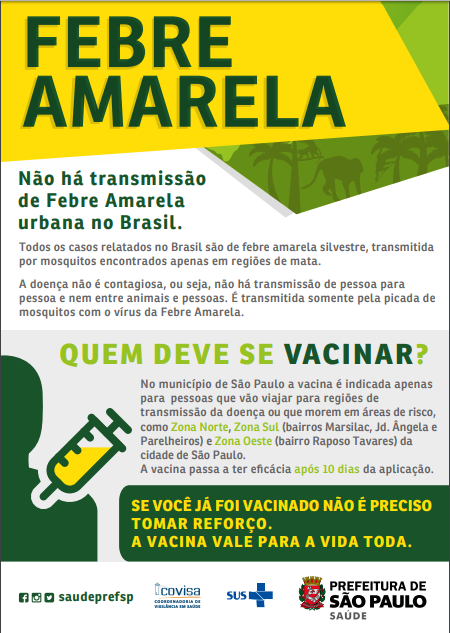 COVISA informa que não há transmissão de febre amarela urbana no município de São Paulo