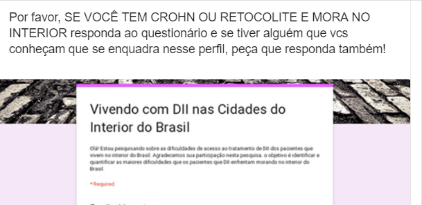 VOCÊ TEM DOENÇA DE CROHN OU RETOCOLITE ULCERATIVA E VIVE NO INTERIOR?