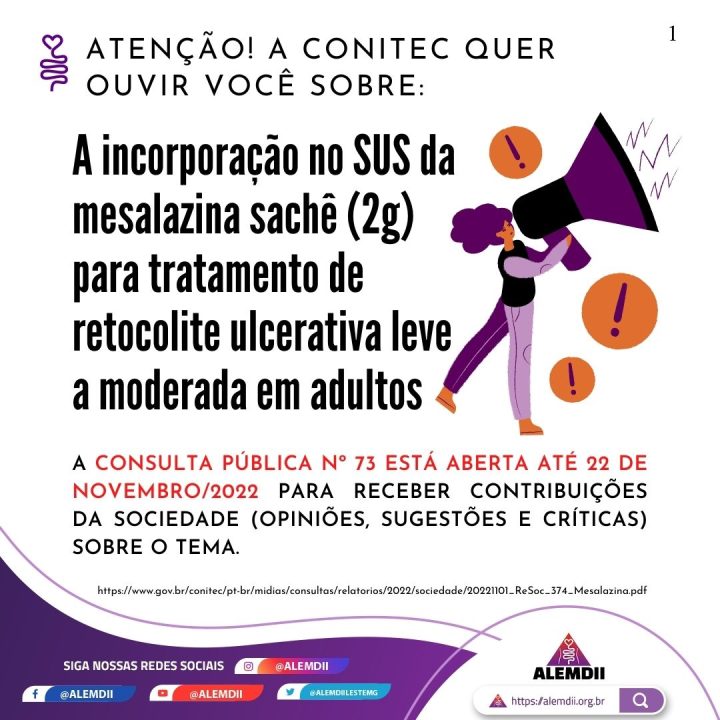 Aberta Consulta Pública sobre incorporação no SUS da mesalazina sachê (2g) para tratamento de retocolite ulcerativa leve a moderada em adultos